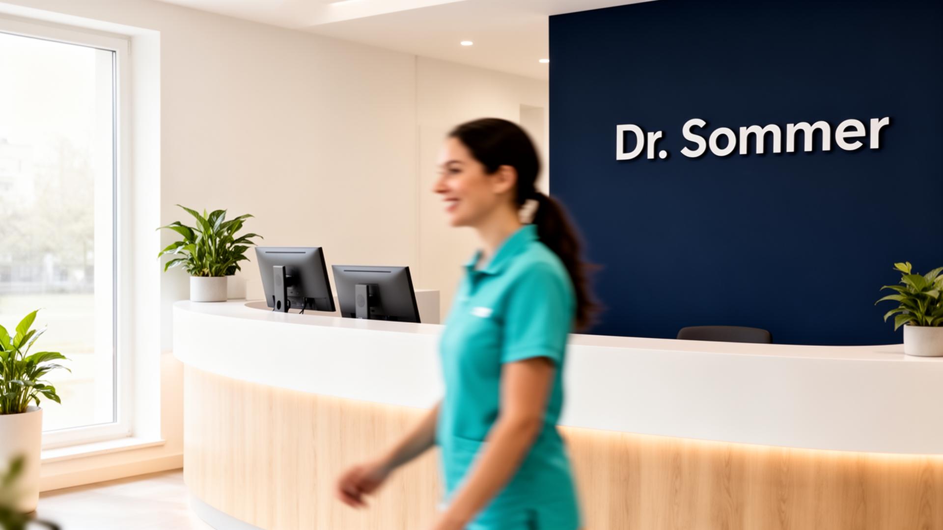 Empfangsbereich der Praxis Dr. Sommer mit modernem Interieur
